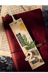 Detail of vintage bookmarks with real dried flowers, wood accents and classic collage style