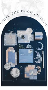 Detailed flat lay of moon phase stationery kit with laser stickers and DIY cards