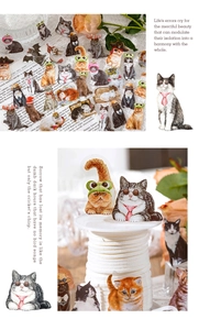 Detailed view of hand-drawn cat stickers on vintage paper for scrapbooking DIY