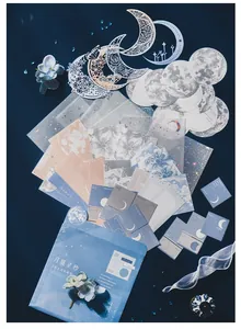 Detail view of the lunar phase stationery kit with laser craft stickers and blue envelopes