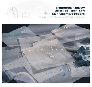 Detail of translucent vellum paper with rainbow silver foil star and moon patterns