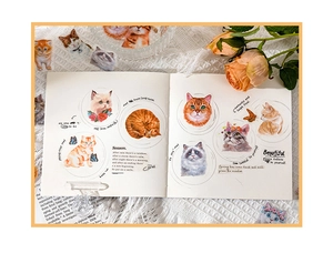 Macro shot of realistic cat stickers and inspirational English quotes in an open journal