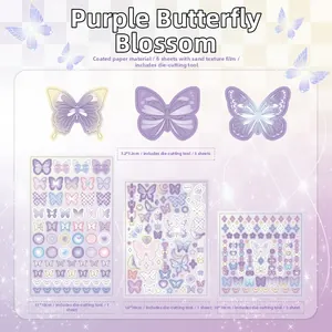 Detail of purple butterfly stickers set with sparkling sand film finish for journals