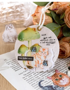 Detailed view of cat theme PET stickers with round card tag and nature illustrations