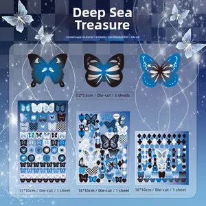 Detailed view of 6-piece blue butterfly stickers set with shimmer film and die-cut edges