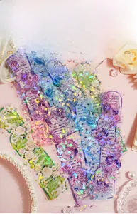 Close-up of laser PET floral stickers with iridescent glass film effect for DIY scrapbooking