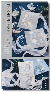 Detail of moonphase themed scrapbooking stickers with delicate cutouts and vintage floral paper