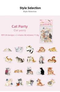 Detail of 40 pieces PET cat themed planner stickers showing waterproof transparent designs