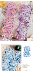Detail of PET floral stickers with laser glass film effect and healing English quotes