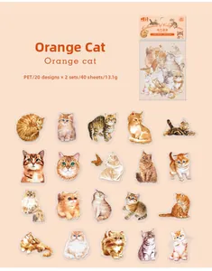 Detailed grid showing 20 cute orange cat PET stickers for scrapbooking and decoration
