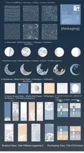 Macro detail of lunar star stationery kit featuring moon phase and floral paper ephemera