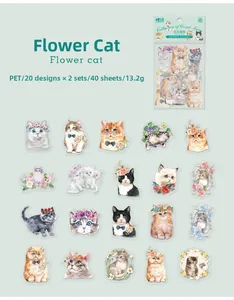 Detailed catalog of 40 watercolor cat stickers with floral themes on a soft green background