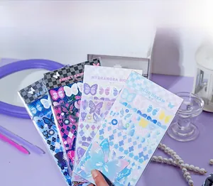 Detail view of butterfly stickers in blue and purple with a shimmering glitter finish