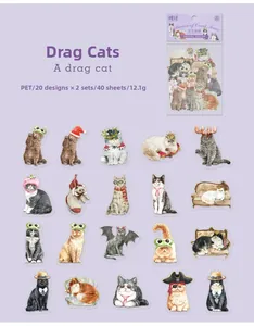 Detail of 40-piece PET cat stickers set with diverse cute hand-drawn cat illustrations