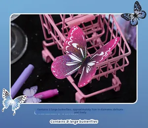 Close-up of 7cm shimmering pink butterfly stickers in a mini cart with glitter background