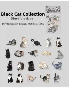 Flat lay of 40 pieces cute watercolor cat PET stickers for scrapbooking decoration