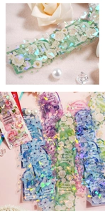 Macro detail of PET floral stickers featuring vintage holographic foil rose patterns