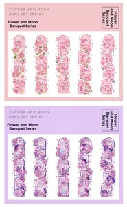 Detailed view of floral PET stickers in pink and purple with butterfly and planet motifs