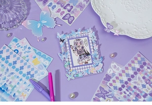 Macro view of butterfly and clover stickers with glitter finish and gradient colors