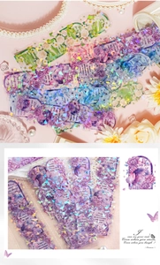 Detail showing PET floral stickers with holographic foil effect for scrapbooking DIY