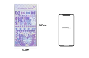 Size comparison of purple butterfly stickers next to a phone for scale measurement