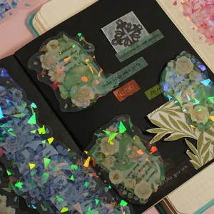 Holographic floral PET stickers with white and green roses for DIY scrapbooking