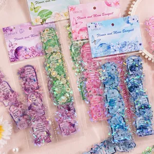 Holographic flower PET stickers for journaling with butterfly and floral patterns, 5 pieces