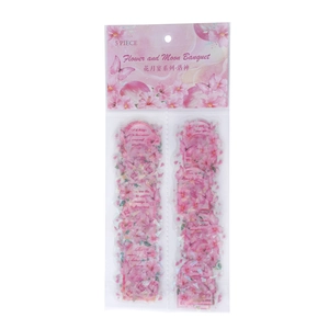 Floral PET stickers set in pink with butterfly patterns and poetic text on white background