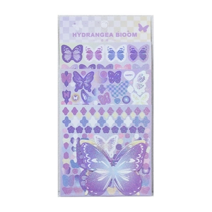 Glittery purple butterfly sticker set for journaling with holographic hydrangea floral patterns