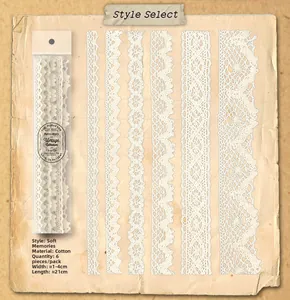 Dettaglio di sei strisce adesive in pizzo di cotone vintage per decorazioni fai-da-te