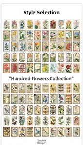 Dettaglio di adesivi vintage con fiori e uccelli per scrapbooking e art journaling