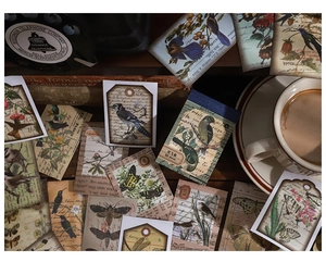 Détail de 50 autocollants vintage illustrant des oiseaux et des motifs botaniques