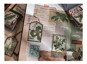 Détails du kit de scrapbooking vintage avec autocollants botaniques et étiquettes