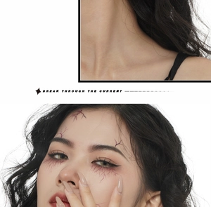 Close-up of realistic dark red blood vessel stickers for face and neck Halloween makeup