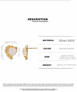 Detailed size chart of S925 sterling silver heart studs with pink crystal stones