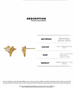 Detailed size specifications for S925 sterling silver star earrings with opal stone