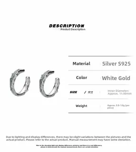 Macro detail of S925 sterling silver ear cuffs with irregular wave texture finish