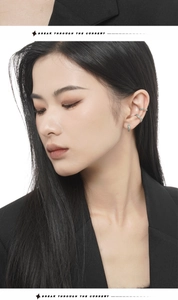 Detail of S925 sterling silver mint green ear cuff set on model for non-pierced ears
