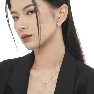 Elegant S925 sterling silver heart pink crystal earring and necklace set for women