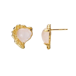 S925 silver rose quartz heart stud earrings with gold textured irregular metal base