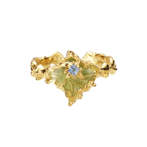 Bague en argent S925 à texture dorée, étoile en émail vert et pierre bleue