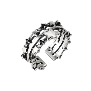 Vintage 925 sterling silver star ring with multi-layer hollow design and black zircon