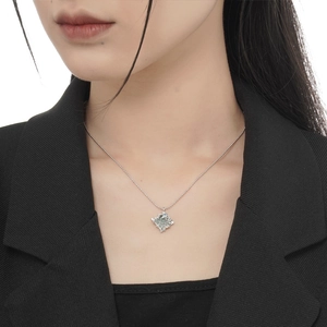 S925 sterling silver bead chain necklace with irregular square glazed pendant on model