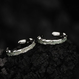 Minimalist S925 sterling silver ear cuffs with lava texture and mint green enamel inlays