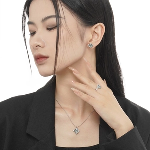 S925 sterling silver jewelry set with light blue stones on a female model
