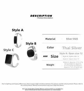 S925 silver retro rings set with black enamel inlay details and product specifications