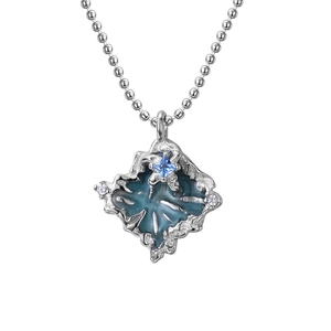 Irregular S925 silver necklace with blue enamel pendant and sparkling square gemstone