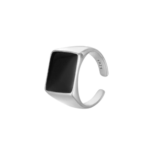 Vintage S925 sterling silver signet ring with rectangular black enamel and open design