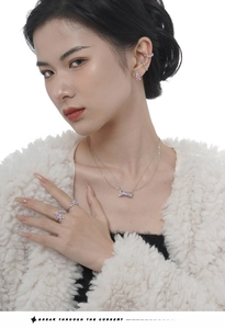 Close-up of sweet candy-shaped S925 silver jewelry set with lavender gemstones on model