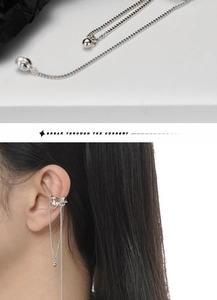 Silver S925 drop chain ear cuff featuring minimalist double chains and tiny bead accents